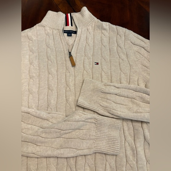 Tommy Hilfiger Cream Tan Cable Knit Pullover Sweater 1/4 Zip Neck Logo Men’s L - Picture 9 of 14